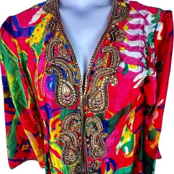 Vintage Hand Beaded Kaftan Dress With Vibrant Abstract Print 3/4 Sleeves Size M - Picture 4 of 14
